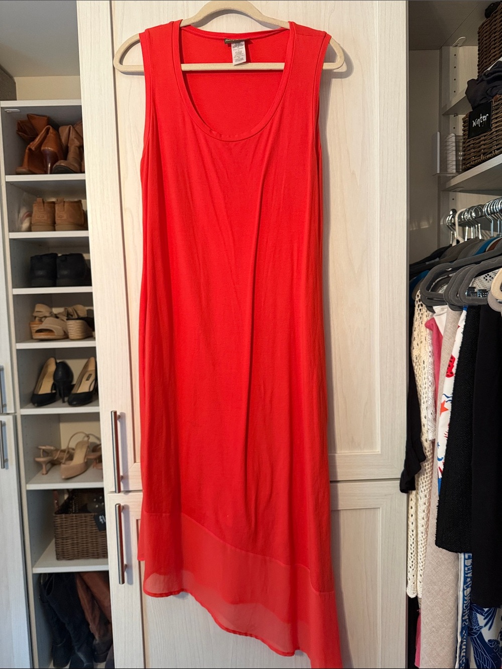 Sleeveless Bright Coral Women's Dress - Lightweight Layered Hem